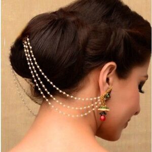 Sukh Collection Jewellery Indian Traditional Fashionable Bollywood Gold Tone With Faux Pearl Made Light Sahara Kaan Chain For Heavy earrings Supported Women & Girl Jewelry