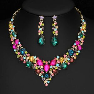 Molie Bridal Austrian Crystal Necklace and Earrings Jewelry Set Gifts fit with Wedding Dress(Multicolour)