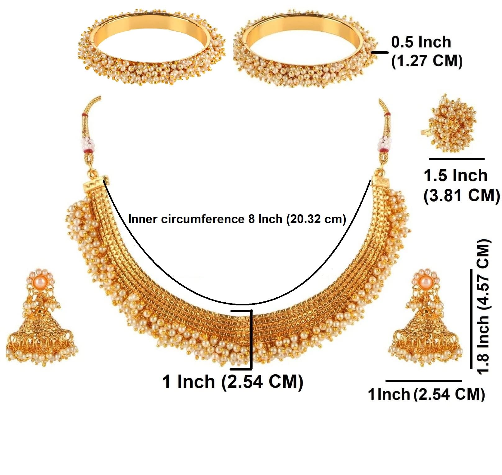 Efulgenz Indian Jewelry Sets for Women Gold Tone Pearl Choker Necklace Indian Bollywood Faux Pearl Beads Bridal Choker Necklace Earrings Bracelet Bangles Ring Jewelry Set