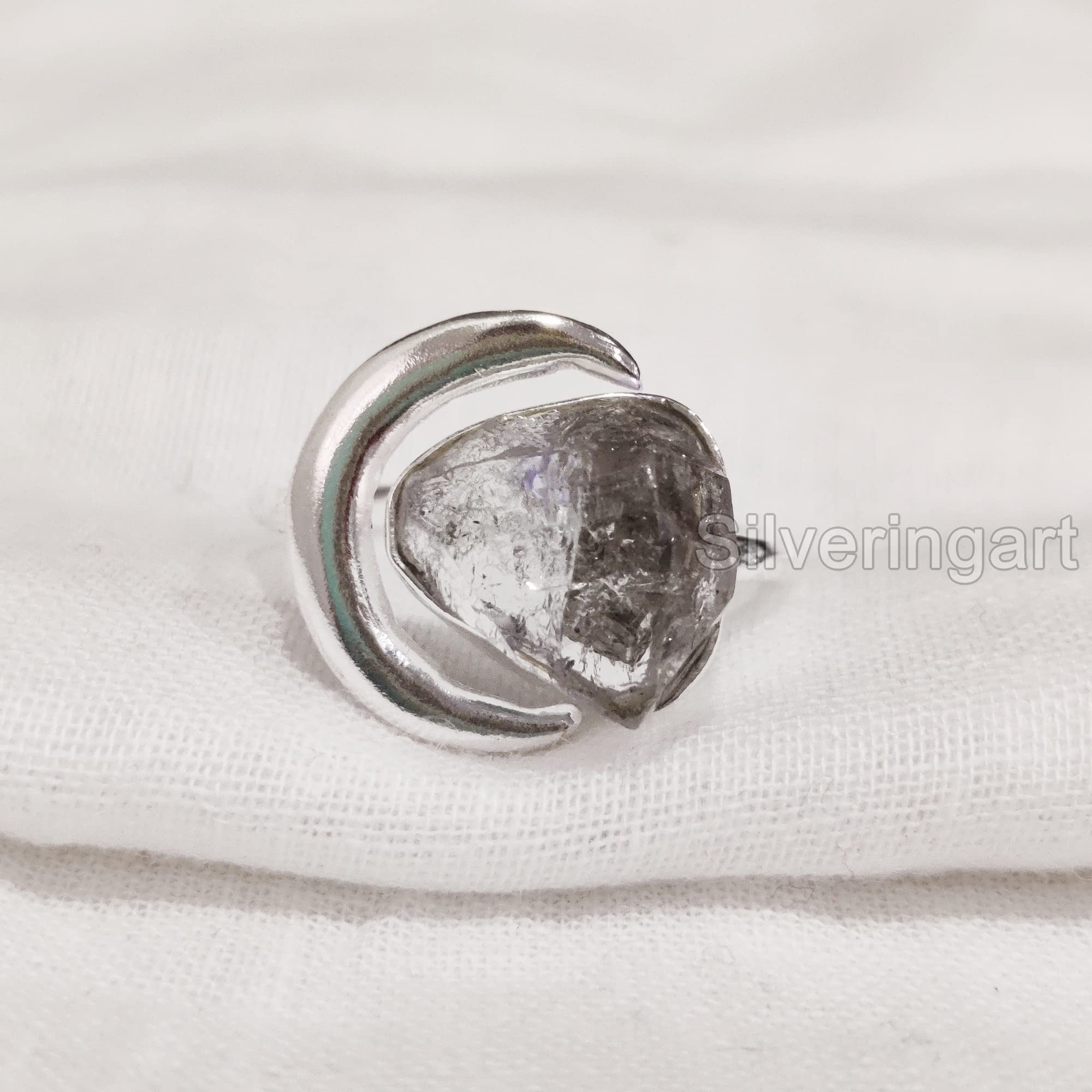 Natural Herkimer Diamond Ring, Raw Herkimer Diamond Ring, Crescent Moon Adjustable Ring, 925 Sterling Silver, Womens Ring, Christmas, Handmade, Statement Jewelry, Rough Gemstone Jewelry (9)