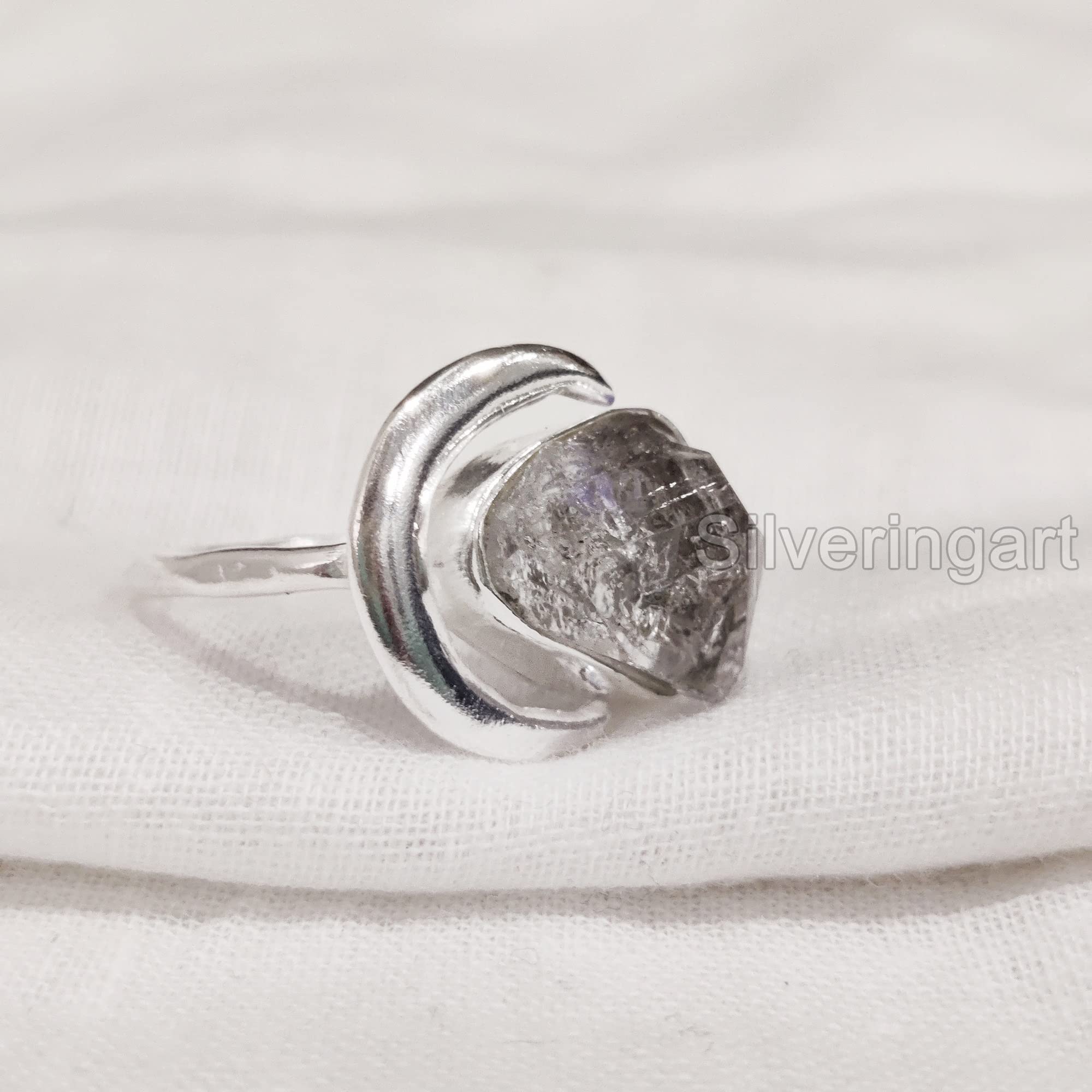 Natural Herkimer Diamond Ring, Raw Herkimer Diamond Ring, Crescent Moon Adjustable Ring, 925 Sterling Silver, Womens Ring, Christmas, Handmade, Statement Jewelry, Rough Gemstone Jewelry (9)