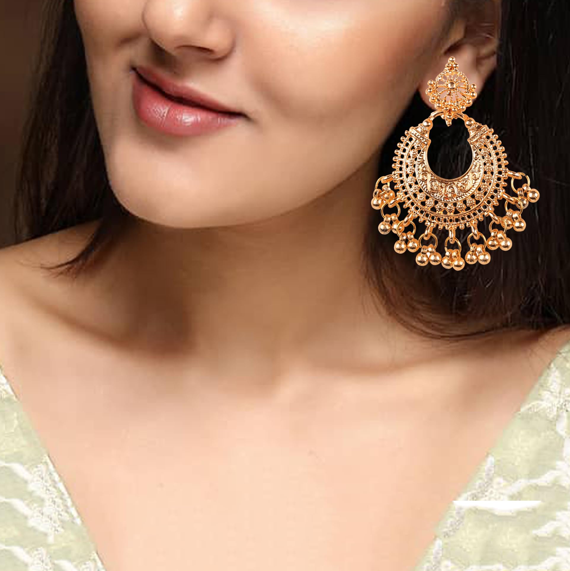 Touchstone Indian earrings for women jewelry jhumkas bollywood jewellery gold wedding bronze jhumka chandbali set golden clip on folklorico chandelier desi large light weight filigree in gold tone