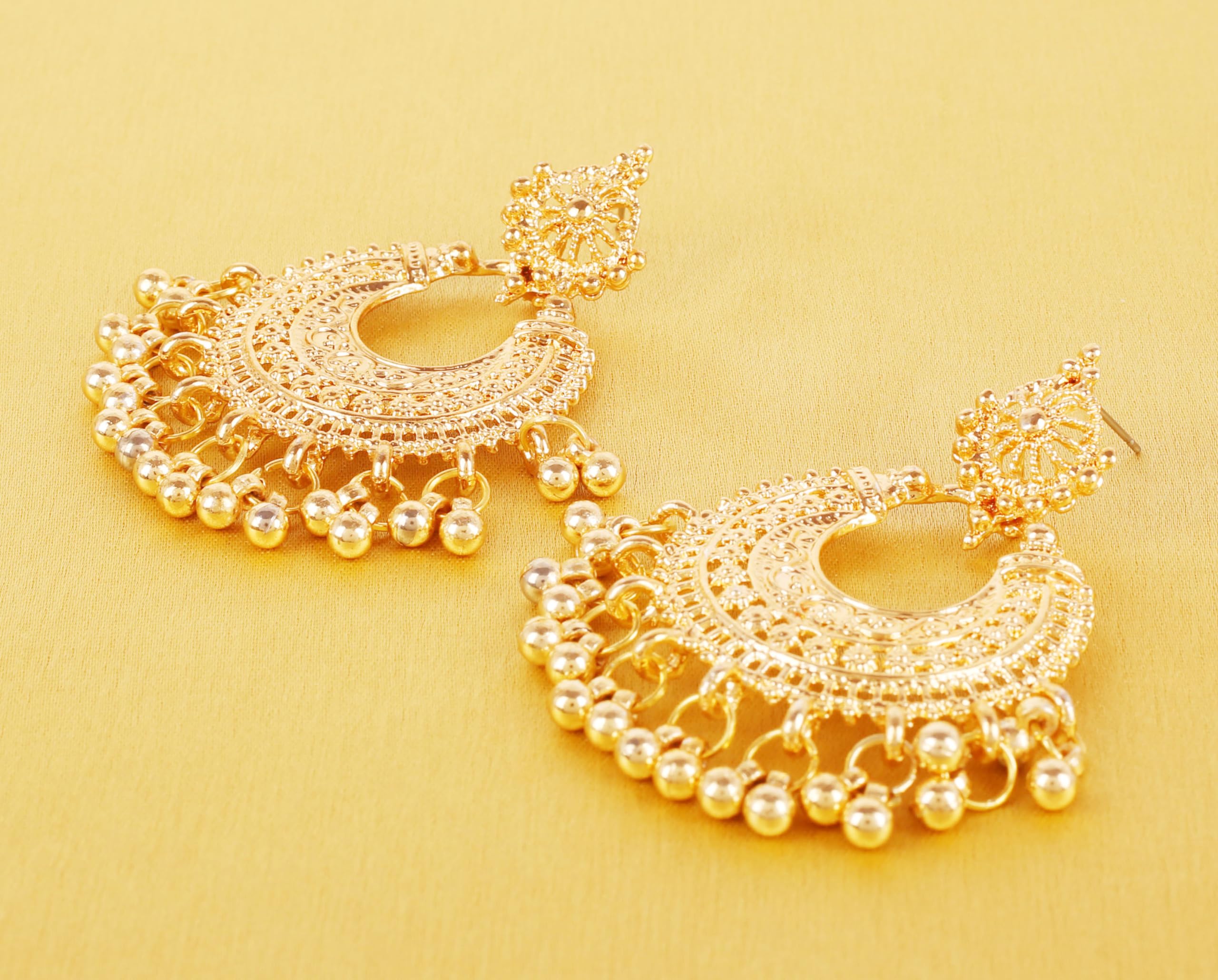 Touchstone Indian earrings for women jewelry jhumkas bollywood jewellery gold wedding bronze jhumka chandbali set golden clip on folklorico chandelier desi large light weight filigree in gold tone