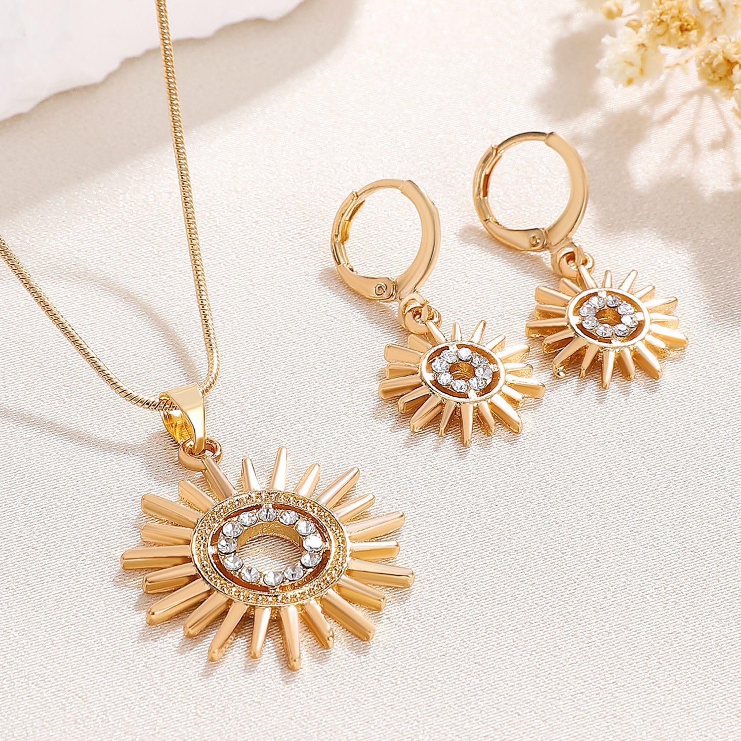 suofrun Sun Earrings & Necklace Jewelry Set for Women Western Boho Sunshine Sunflower Evil Eye Protection Jewelry Set Gold Plated-Sunflower