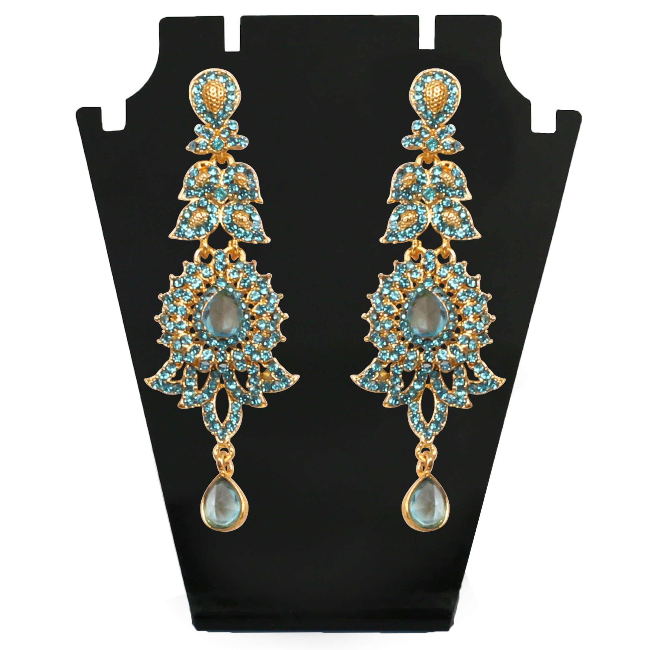 Touchstone Hollywood Glamour Oscar Collection Extra Long Chandelier Earrings, Indian Paisley Motif Filigree Turquoise Blue Rhinestones, Designer Bridal Jewelry, Antique Gold Tone