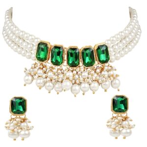 i jewels gold plated indian wedding bollywood stone studed pearl choker necklace jewellery set with earrings for women (ij355g)