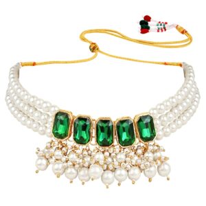 I Jewels Gold Plated Indian Wedding Bollywood Stone studed Pearl Choker Necklace Jewellery Set with Earrings for Women (IJ355G)