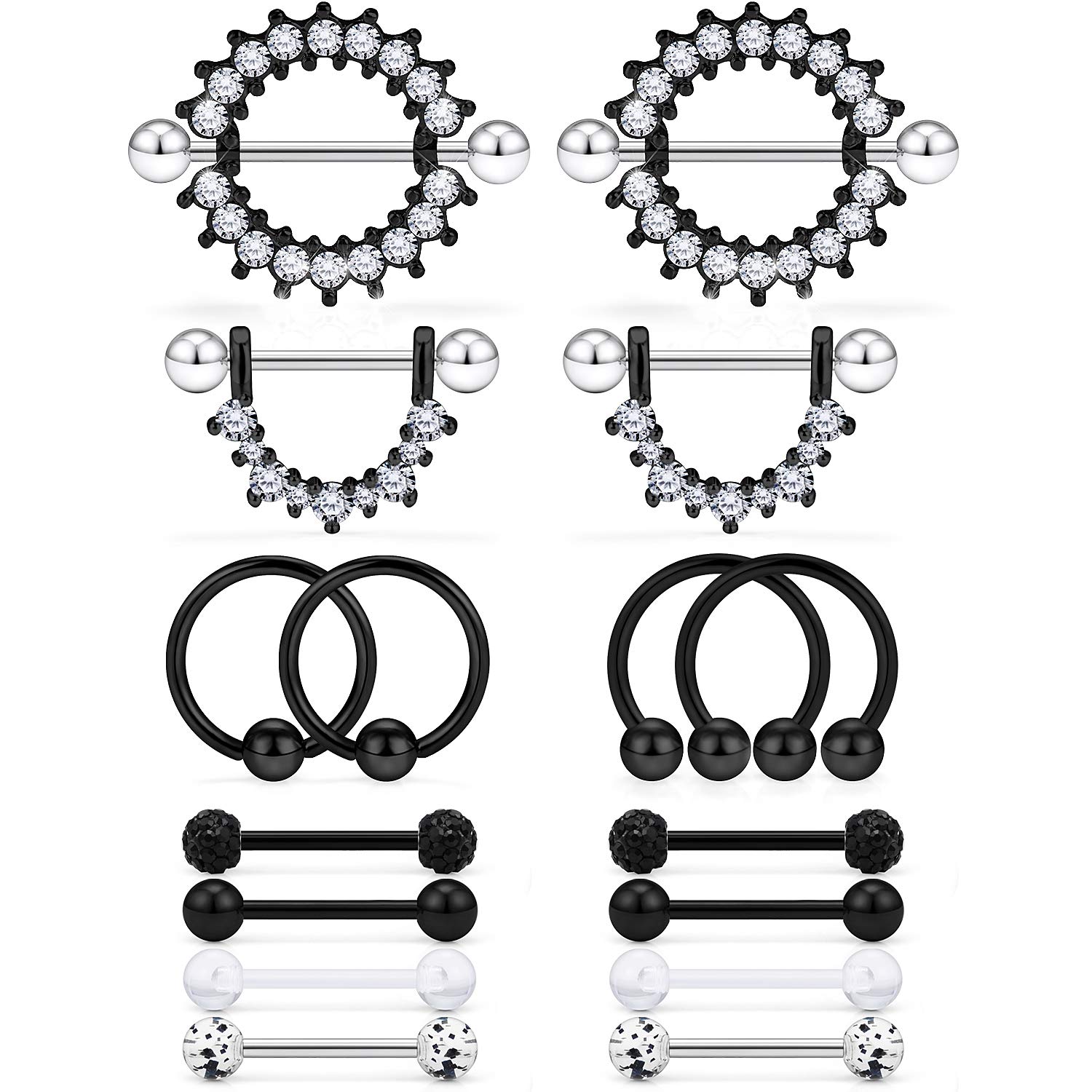 Cisyozi 14G Nipple Rings Piercing Jewelry Stainless Surgical Steel Black Nipplerings Nipple Tongue Rings Hoop CZ Barbell Bar Body Piercings Jewelry for Women Men 14mm Horseshoes Captive Bead Rings