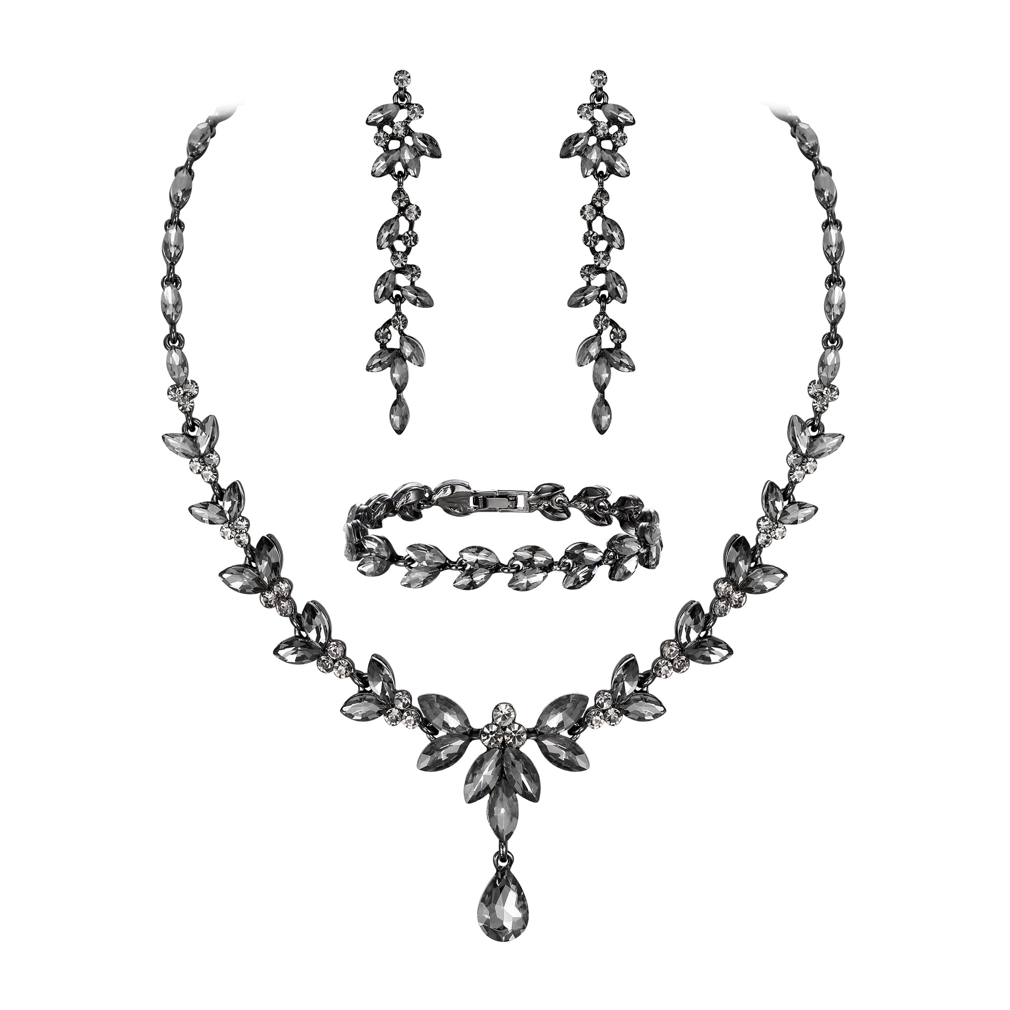 EVER FAITH Austrian Crystal Party Jewelry Sets, Costume Marquise Rhinestone Leaf Necklace Dangle Earrings Tennis Bracelet Set Grey Black-Tone