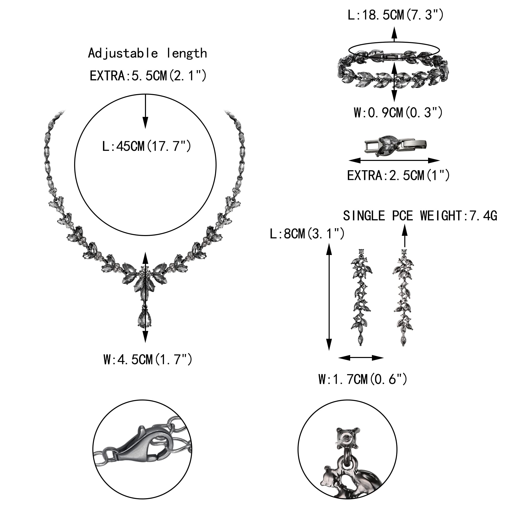 EVER FAITH Austrian Crystal Party Jewelry Sets, Costume Marquise Rhinestone Leaf Necklace Dangle Earrings Tennis Bracelet Set Grey Black-Tone