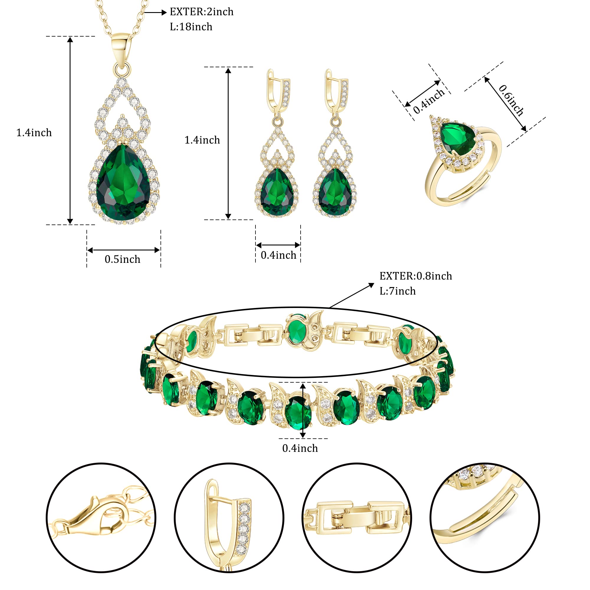 Mayfox Bridal Cubic Zirconia Open Ring Bracelet Necklace Dangle Earrings Set, Waterdrop Oval White Gold Plated Jewelry Gifts for Women Green_Gold Tone