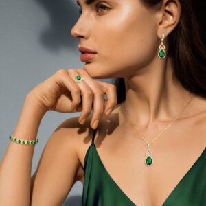 Mayfox Bridal Cubic Zirconia Open Ring Bracelet Necklace Dangle Earrings Set, Waterdrop Oval White Gold Plated Jewelry Gifts for Women Green_Gold Tone