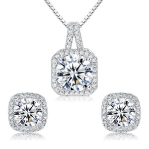 cubic zirconia earrings and necklace set for women 14k white gold plated square jewelry set for women silver pendant necklace hypoallergenic stud earrings set for girls jewellery gift