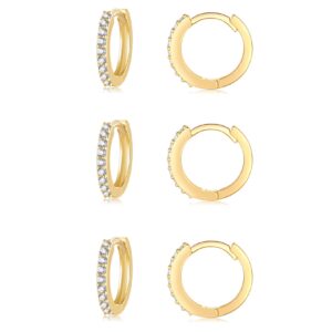 gold hoop earrings for women, 3 pairs 8mm small sterling silver huggie earrings | tiny cubic zirconia cartilage cuff earrings hoop piercing jewellery for men teens