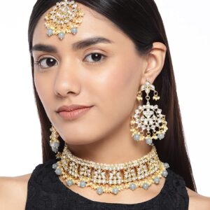 Aheli Elegant Indian Faux Kundan Studded Choker Necklace with Maang Tikka Set Ethnic Wedding Wear Fashion Jewelry for Women Grey