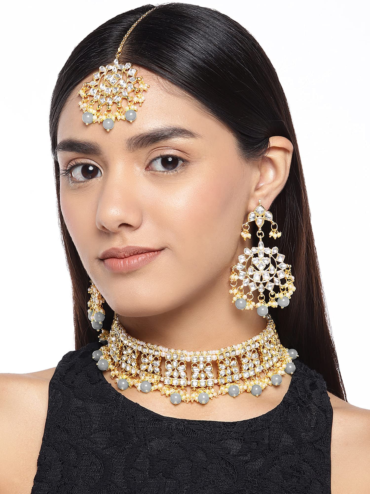 Aheli Elegant Indian Faux Kundan Studded Choker Necklace with Maang Tikka Set Ethnic Wedding Wear Fashion Jewelry for Women Grey