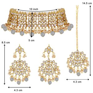 Aheli Elegant Indian Faux Kundan Studded Choker Necklace with Maang Tikka Set Ethnic Wedding Wear Fashion Jewelry for Women Grey