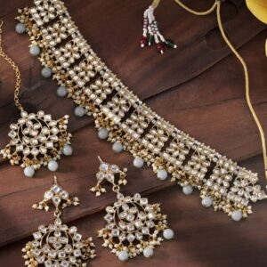 Aheli Elegant Indian Faux Kundan Studded Choker Necklace with Maang Tikka Set Ethnic Wedding Wear Fashion Jewelry for Women Grey