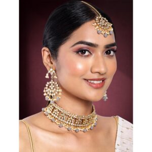 Aheli Elegant Indian Faux Kundan Studded Choker Necklace with Maang Tikka Set Ethnic Wedding Wear Fashion Jewelry for Women Grey