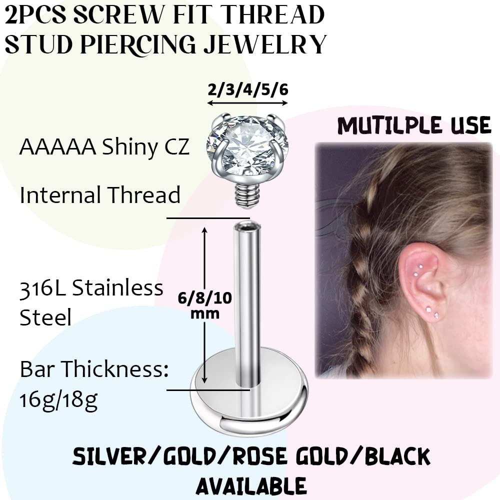 PunkTracker 16g/18g Surgical Steel Internal Thread CZ Stud Piercing Jewelry for Tragus/Nose/Helix/Conch/Medusa/Lip/Labret - Helix Tragus Cartilage Earring for Women Men 2PCS