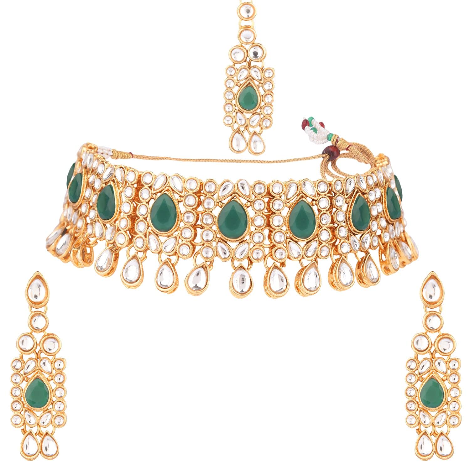 Efulgenz Kundan Necklace Set Indian Kundan Jewelry Sets for Women Green Indian Jewelry Kundan Crystal Choker Necklace Dangle Earrings Maang Tikka Bollywood Wedding Choker Necklace for Women