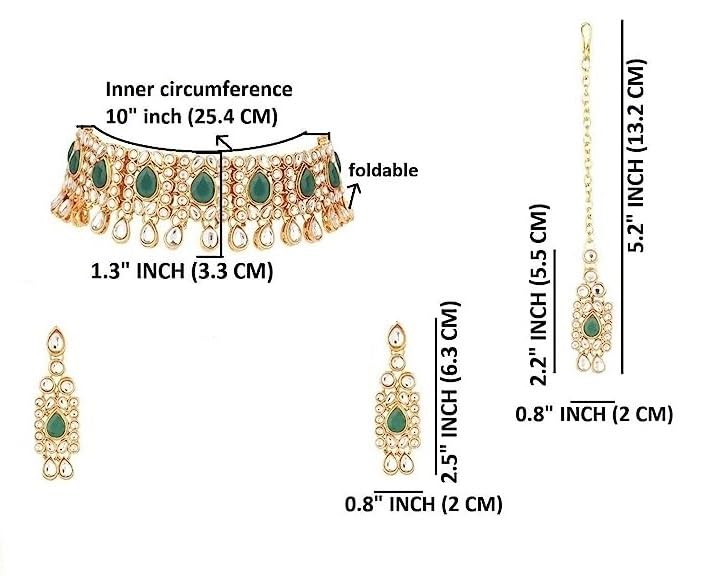 Efulgenz Kundan Necklace Set Indian Kundan Jewelry Sets for Women Green Indian Jewelry Kundan Crystal Choker Necklace Dangle Earrings Maang Tikka Bollywood Wedding Choker Necklace for Women