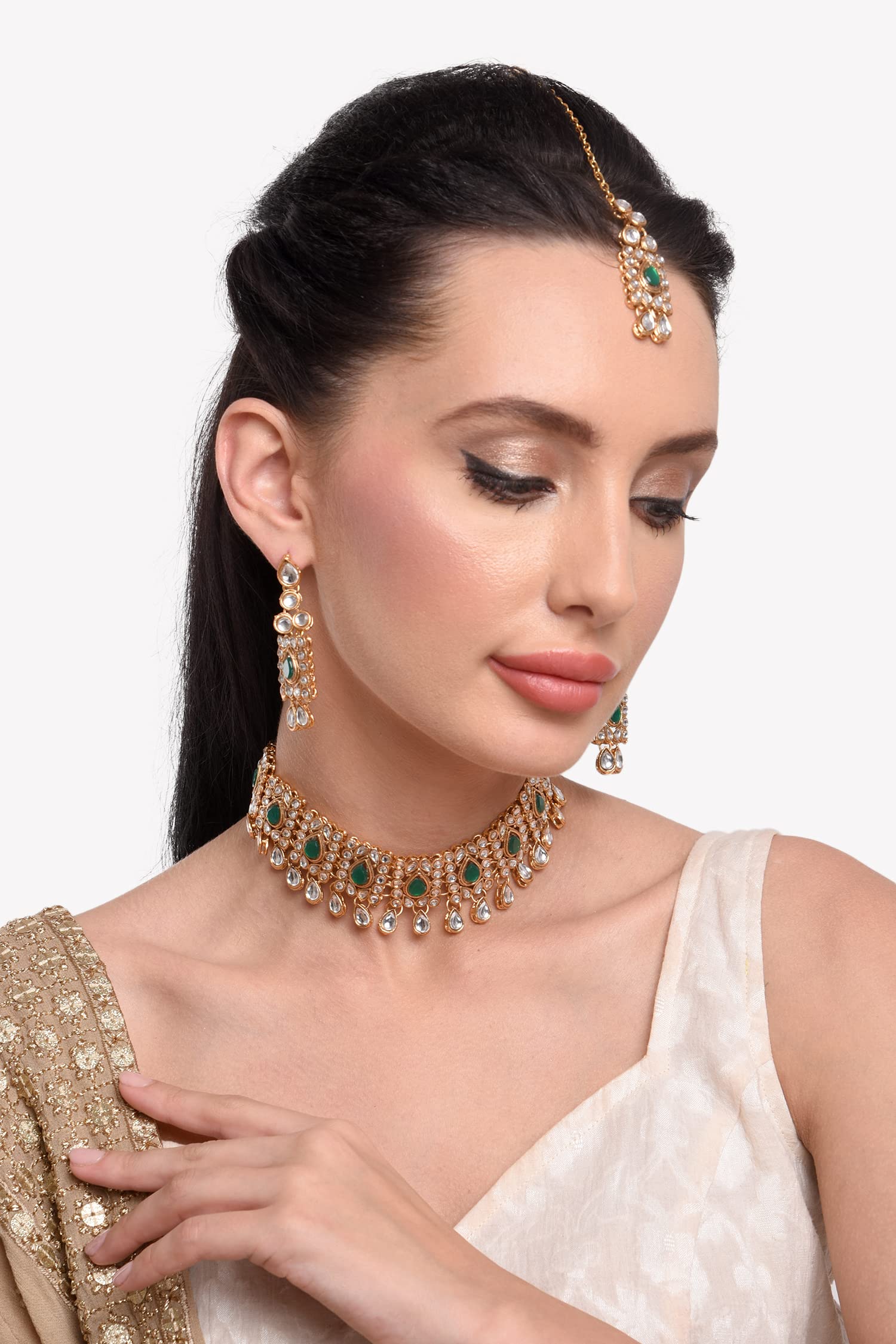 Efulgenz Kundan Necklace Set Indian Kundan Jewelry Sets for Women Green Indian Jewelry Kundan Crystal Choker Necklace Dangle Earrings Maang Tikka Bollywood Wedding Choker Necklace for Women