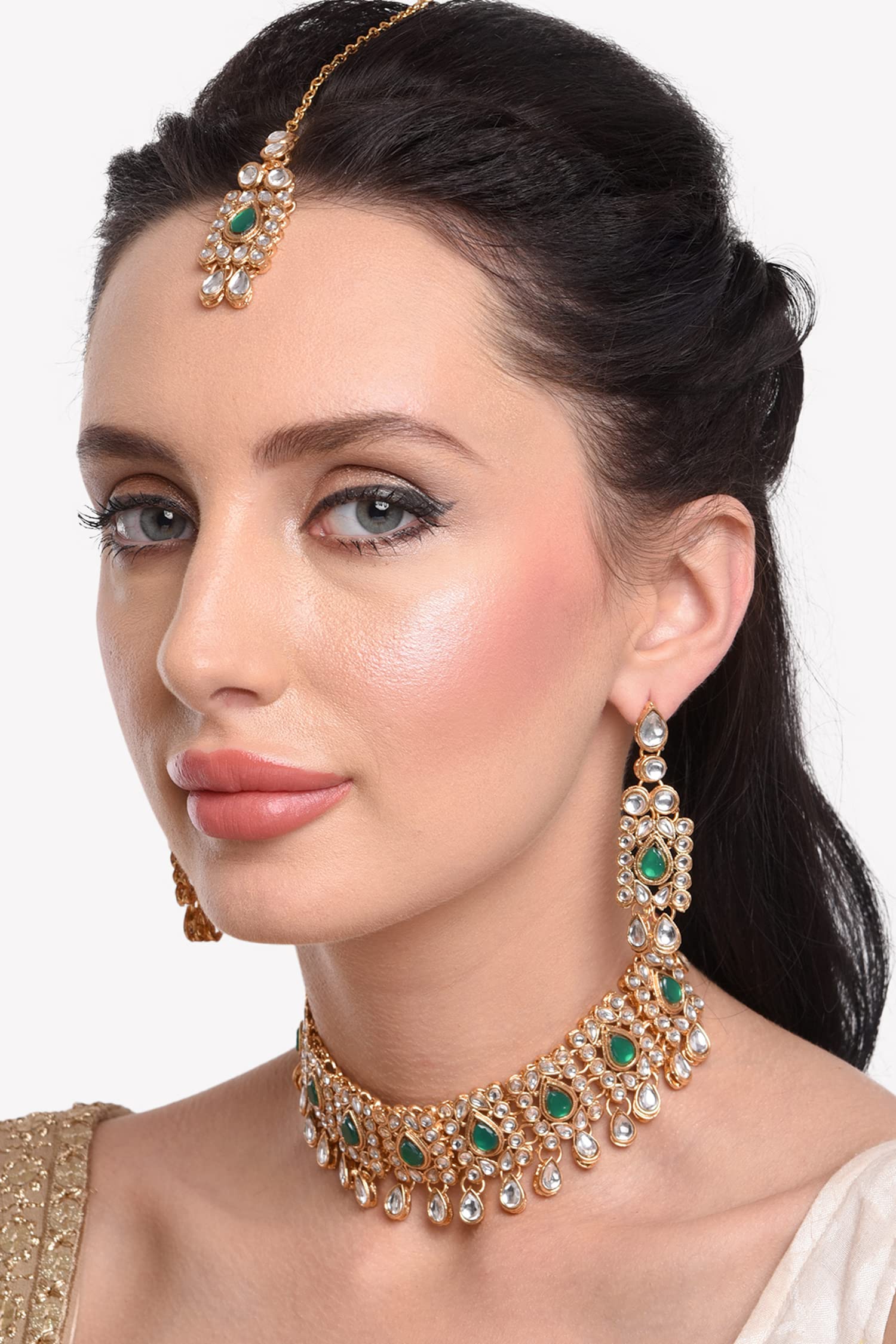 Efulgenz Kundan Necklace Set Indian Kundan Jewelry Sets for Women Green Indian Jewelry Kundan Crystal Choker Necklace Dangle Earrings Maang Tikka Bollywood Wedding Choker Necklace for Women