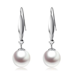 18k white gold pearl dangle earrings for women, fine jewelry gifts for her (9mm cultured freshwater pearl)