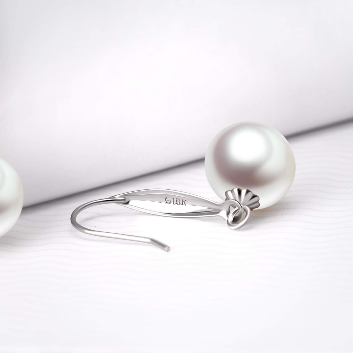 18K White Gold Pearl Dangle Earrings for Women, Fine Jewelry Gifts for Her (9mm Cultured Freshwater Pearl)