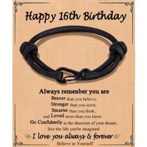 Twilumin Sweet 16 Birthday Gifts for Boy, Adjustable Black Rope Bracelet as Unique Birthday Gift Ideas for 16 Year Old Boy, Happy 16 Birthday Bracelet as Bday Jewelry Present for Him