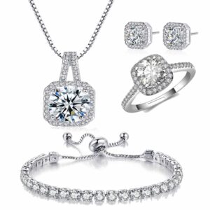 kai bao city 4pcs set zirconia pendant necklace earrings ring bangle set silver crystal fashion adjustable zircon jewelry for women teen girls wife party prom engagement wedding gifts