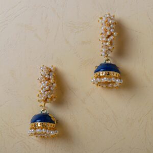 Moonstruck Golden Meenakari Jhumkas With White Pearls For Women (Blue)