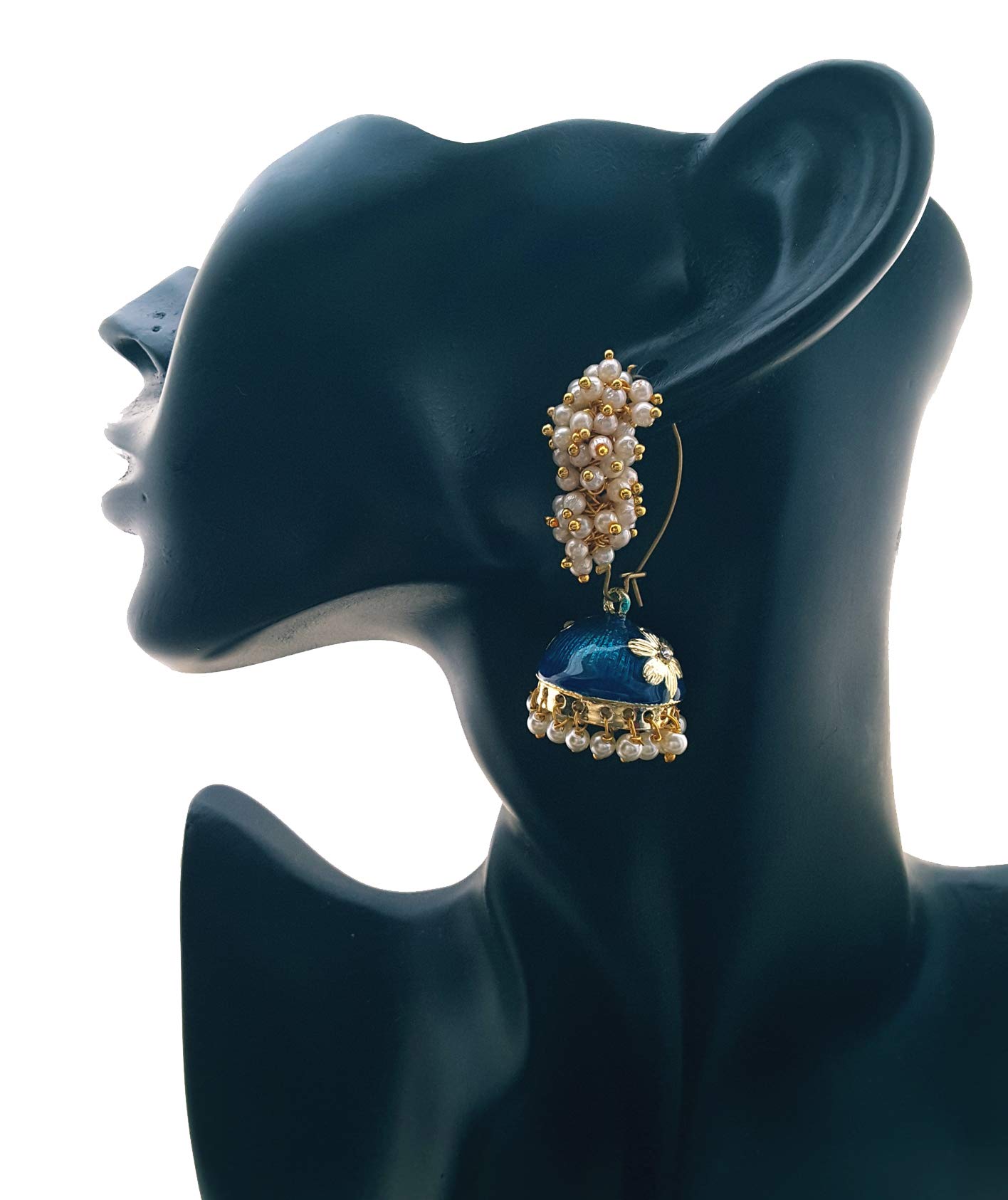 Moonstruck Golden Meenakari Jhumkas With White Pearls For Women (Blue)