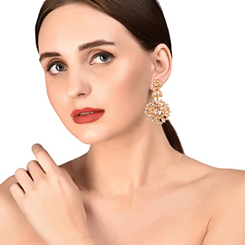 Touchstone"Contemporary Kundan Collection" Indian Bollywood Mughal Inspired Kundan Polki Look Rhinestone Designer Jewelry Long Earrings Gold Tone For Women.