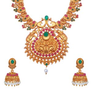 bodha tradtional indian handcrafted antique gold plated temple jewellery combo bridal dulhan necklace set with matching earring & pearls for women (sj_2925)