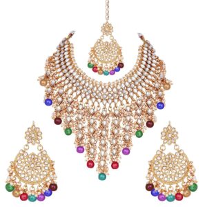 aheli elegant indian wedding wear faux kundan studded choker necklace with maang tikka set ethnic fashion jewelry for women (multi kundan & pearl drop)