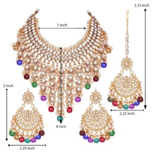 Aheli Elegant Indian Wedding Wear Faux Kundan Studded Choker Necklace with Maang Tikka Set Ethnic Fashion Jewelry for Women (Multi Kundan & Pearl Drop)