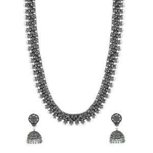 yellow chimes antique silver oxidized ethnic indian traditional kolhapuri long necklace set with jhumka earrings fashion jewelry for women