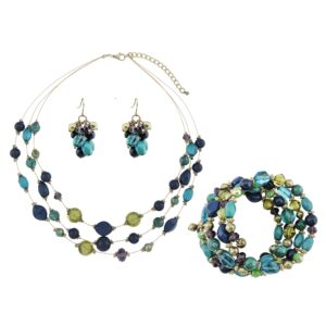 coiris 3 layer illusion wire statement necklace set for women blue green beaded bracelet earrings set (n0005)(st0001)