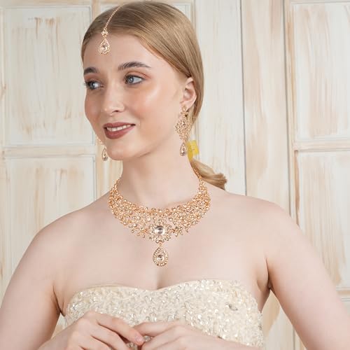 Touchstone NEW Indian Bollywood Charming Look Fine Filigree Sparkling Rhinestones Designer Jewelry Necklace Set In Gold Tone For Women.