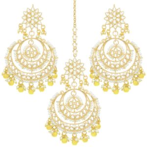 aheli bollywood ethnic chandbali style big earrings maang tikka set indian traditional bollywood fashion jewelry for women (yellow)