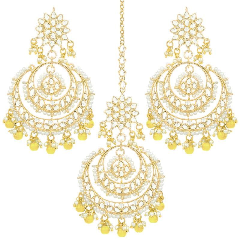 Aheli Bollywood Ethnic Chandbali Style Big Earrings Maang Tikka Set Indian Traditional Bollywood Fashion Jewelry for Women (Yellow)