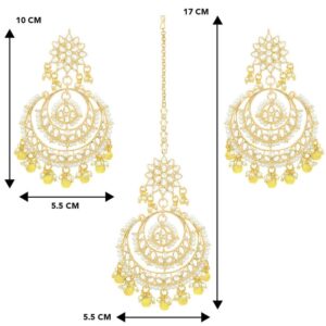 Aheli Bollywood Ethnic Chandbali Style Big Earrings Maang Tikka Set Indian Traditional Bollywood Fashion Jewelry for Women (Yellow)