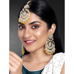 Aheli Bollywood Ethnic Chandbali Style Big Earrings Maang Tikka Set Indian Traditional Bollywood Fashion Jewelry for Women (Yellow)