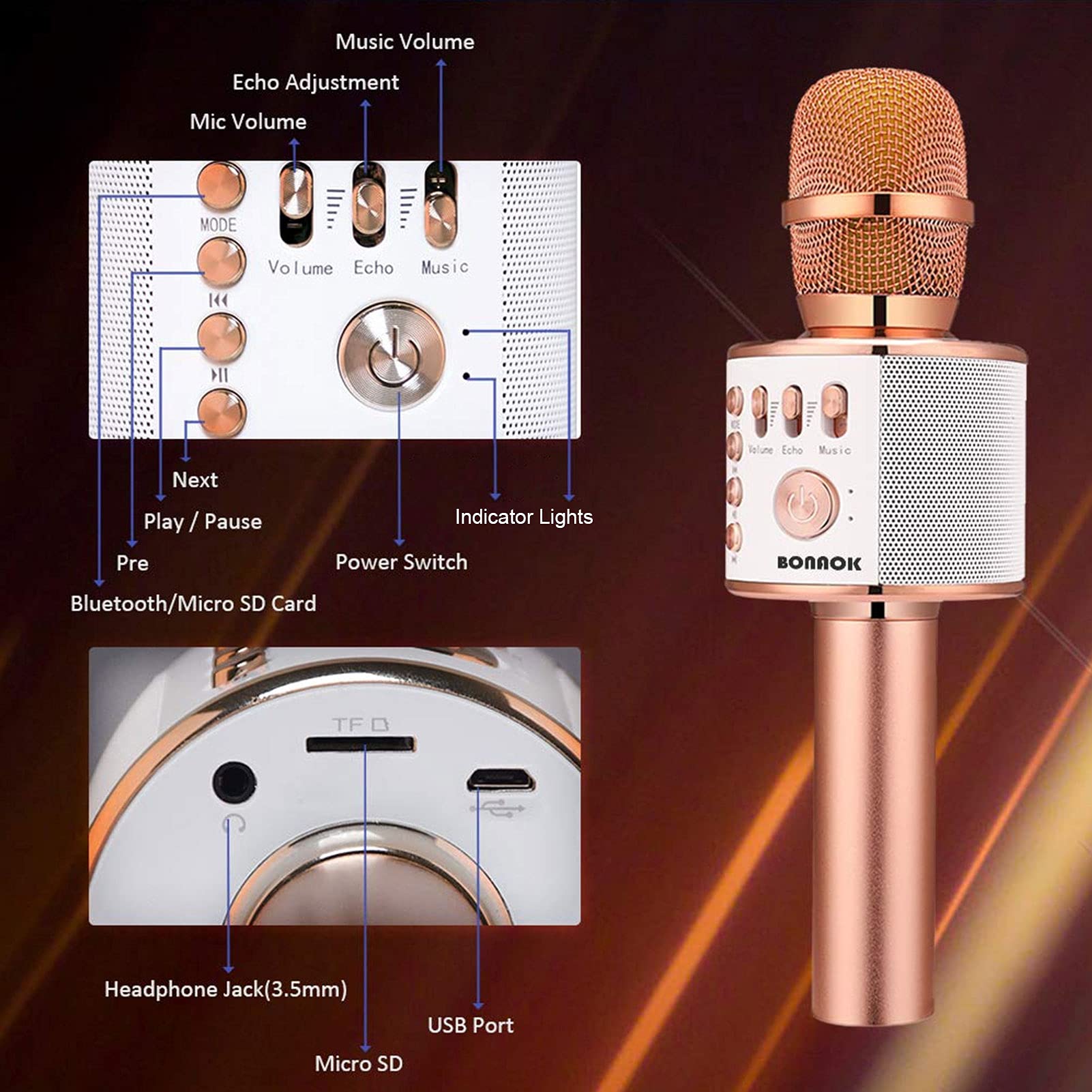 BONAOK Wireless Bluetooth Karaoke Microphone, 3-in-1 Portable Handheld Mic Speaker for All Smartphones,Gifts for Girls Kids Adults All Age Q37(Rose Gold)