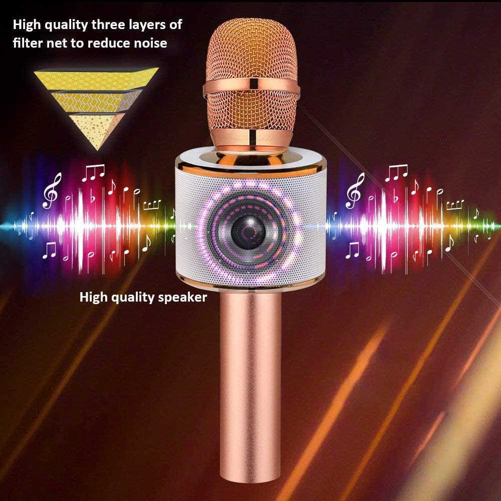 BONAOK Wireless Bluetooth Karaoke Microphone, 3-in-1 Portable Handheld Mic Speaker for All Smartphones,Gifts for Girls Kids Adults All Age Q37(Rose Gold)