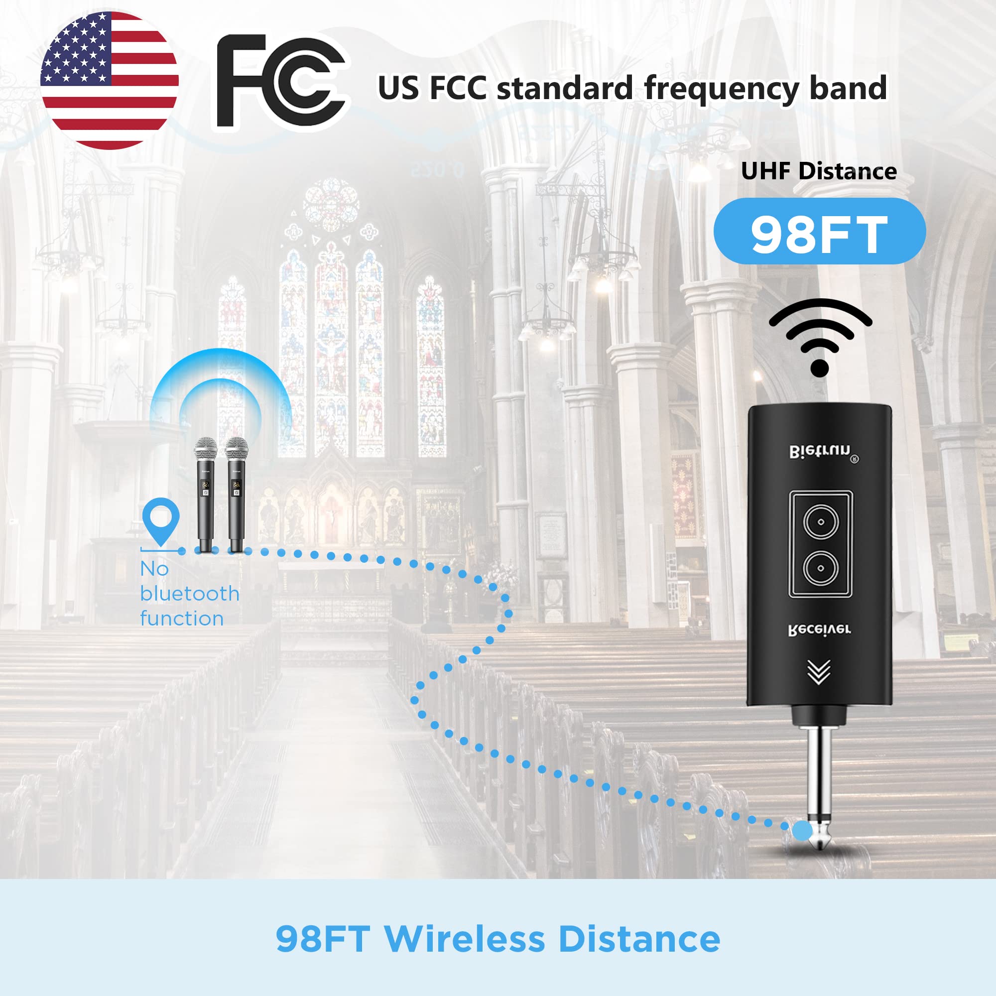 Wireless Microphone,Plug&Play Microphone for Singing,Karaoke,Dual Cordless Dynamic Handheld Wireless Mic with Rechargeable Receiver for 1/4'',1/8'',Clear Sound for Adult,Wedding,Party,Church,UHF 98FT