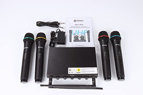 Debra Audio Pro UHF 4 Channel Wireless Microphone System with Cordless Handheld Lavalier Headset Mics, Metal Receiver, Ideal for Karaoke Church Party (with 4 Handheld (A))