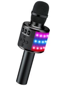 bonaok bluetooth wireless karaoke microphone with led lights,4-in-1 portable handheld mic with speaker karaoke player for singing home party toys birthday gift for kids adults girls q78(black)